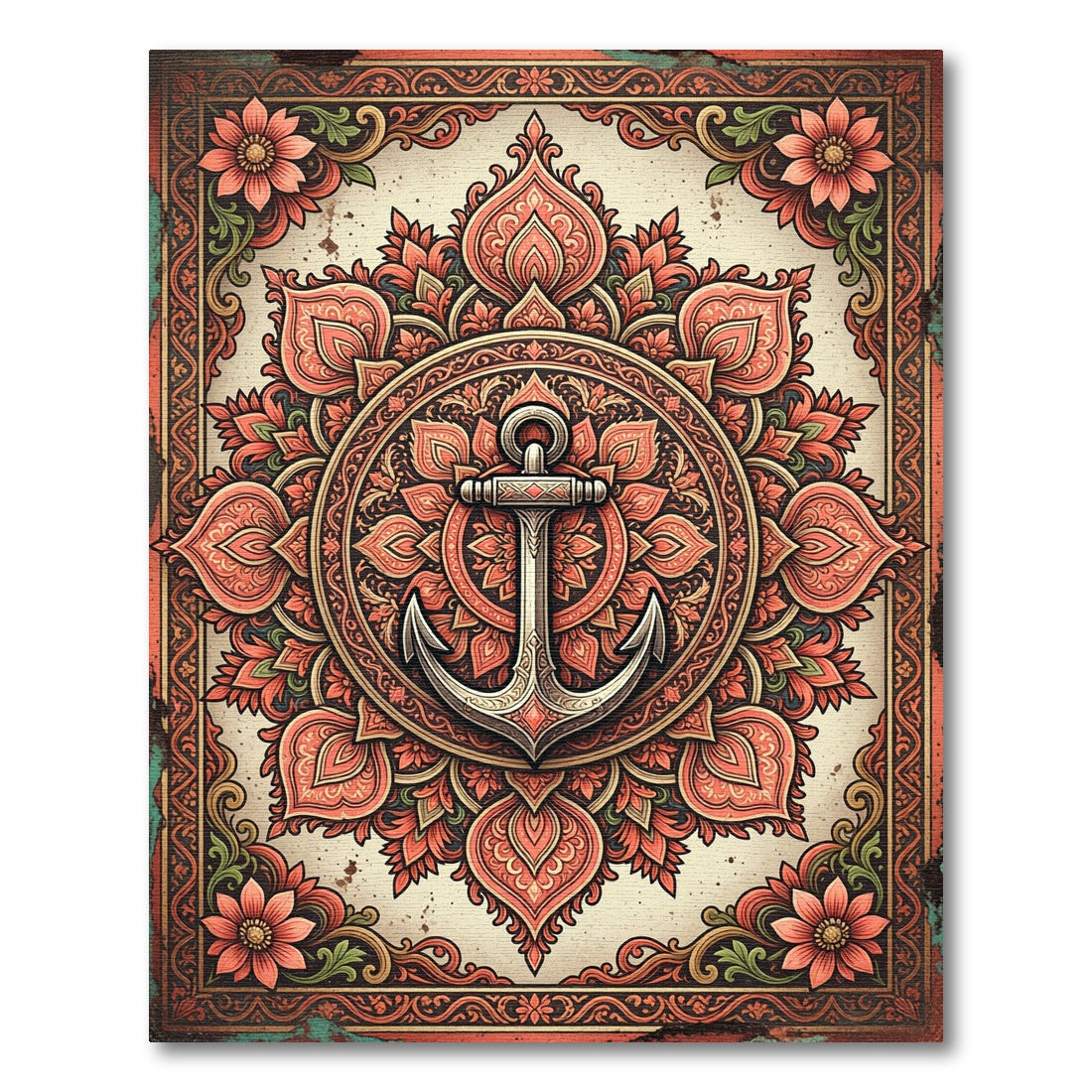 Vintage Coral Floral Mandala Anchor Rug