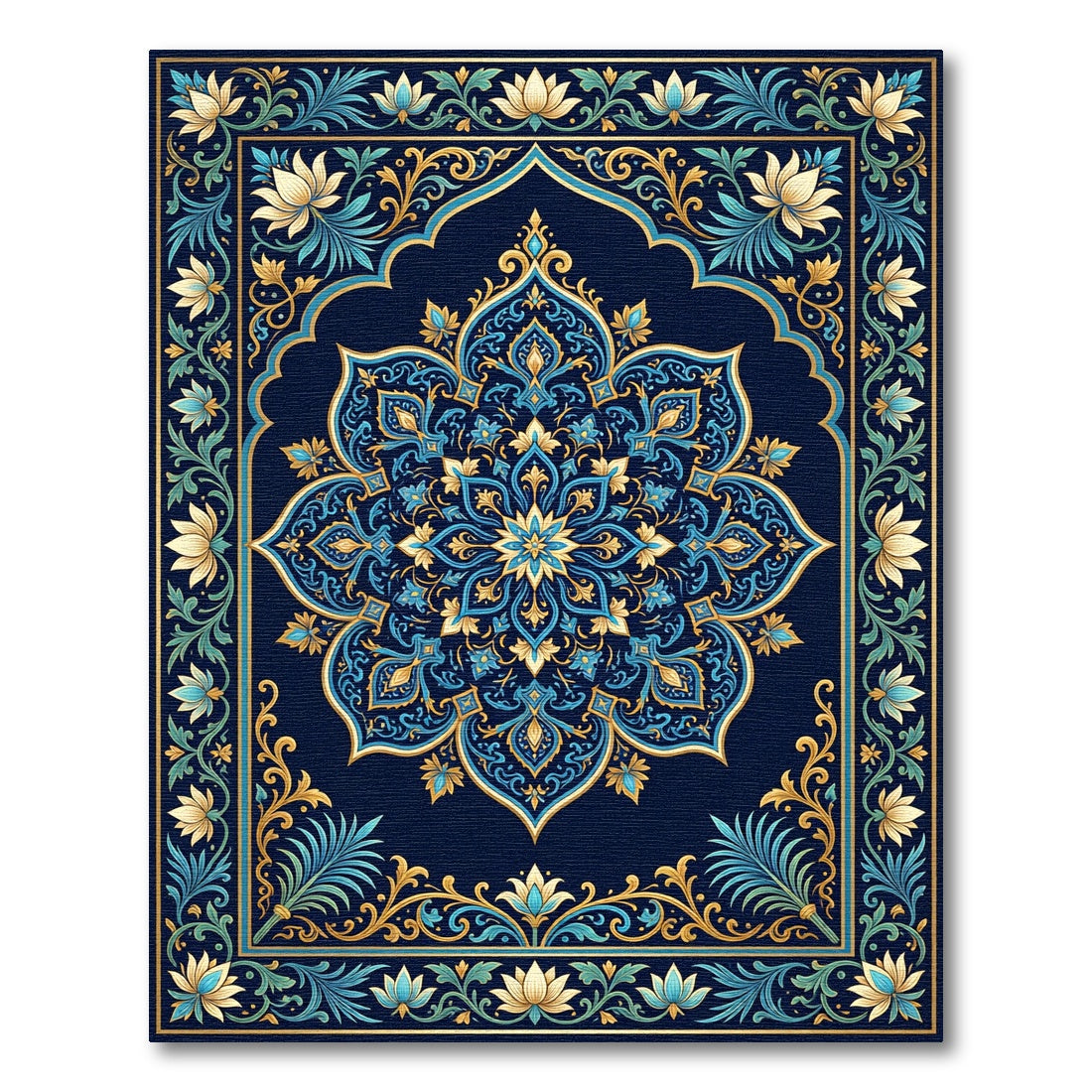 Deep Blue Golden Lotus Mandala Rug
