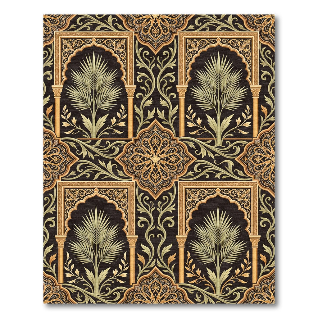 Ornate Black Gold Palm Archway Rug