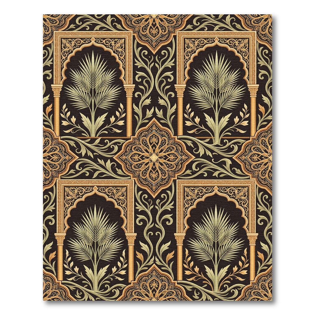 Ornate Black Gold Palm Archway Rug