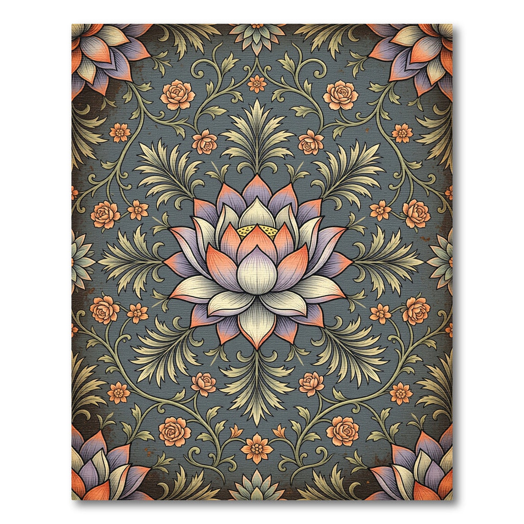 Elegant Lotus Floral Medallion Grey Canvas Rug