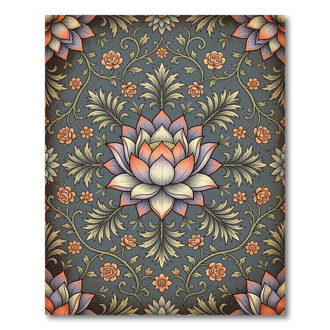 Elegant Lotus Floral Medallion Grey Canvas Rug