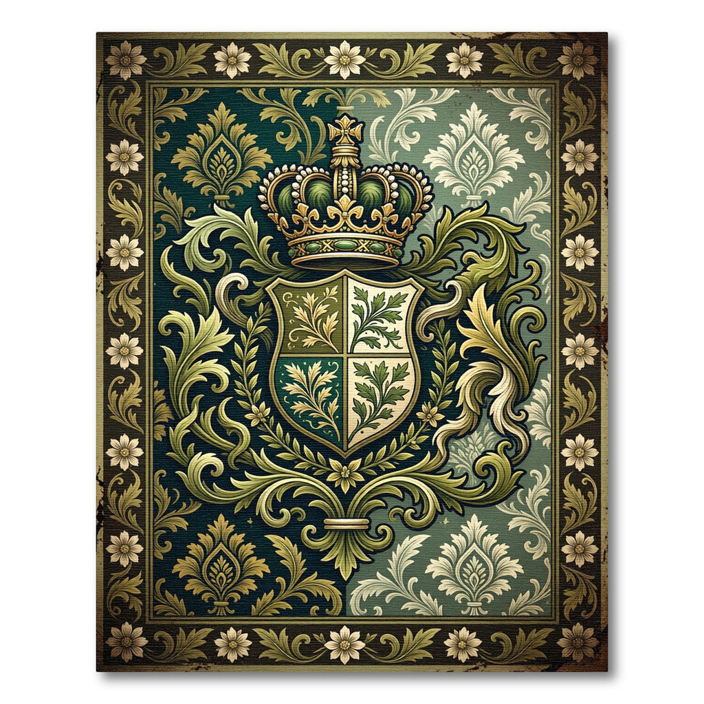 Regal Forest Green Damask Crest Rug