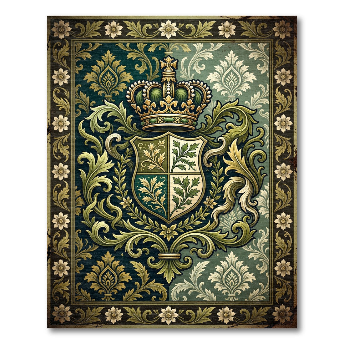 Regal Forest Green Damask Crest Rug