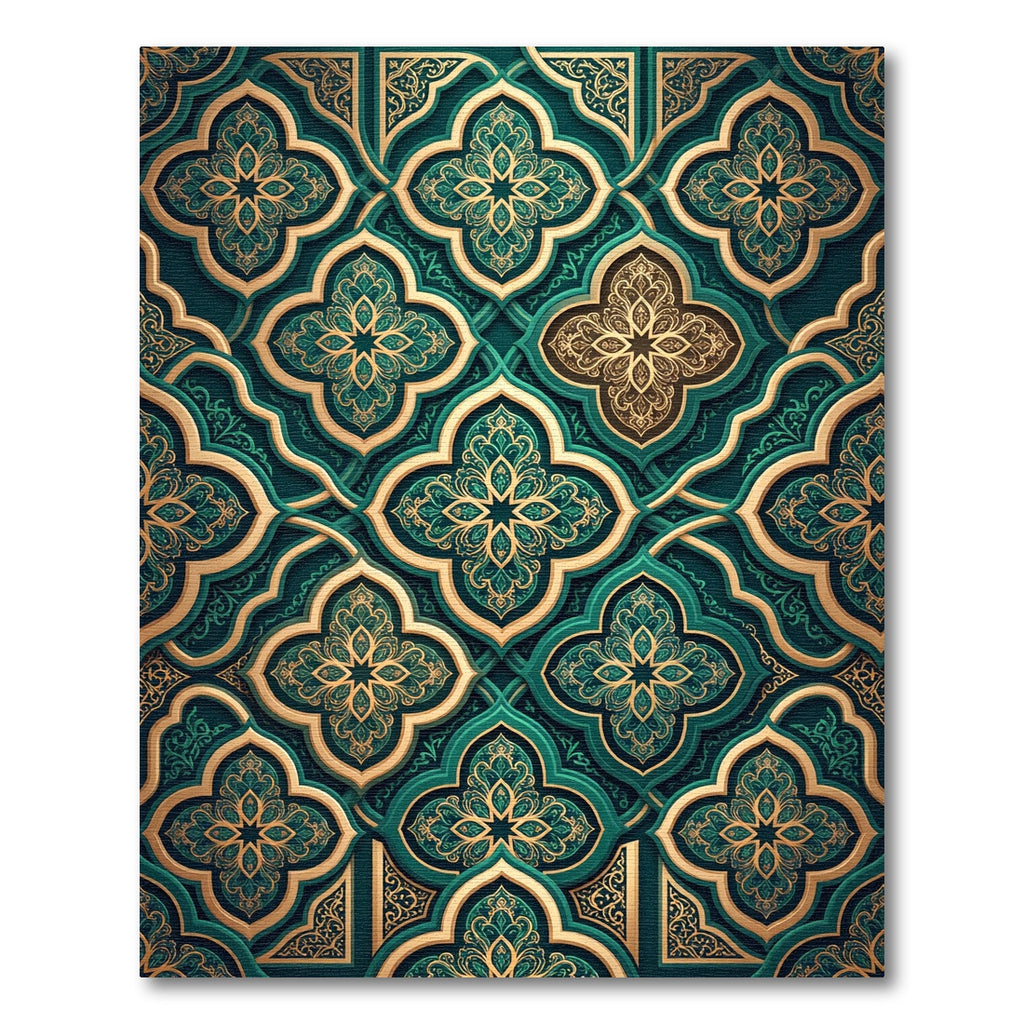 Emerald Gold Ornate Quatrefoil Damask Rug