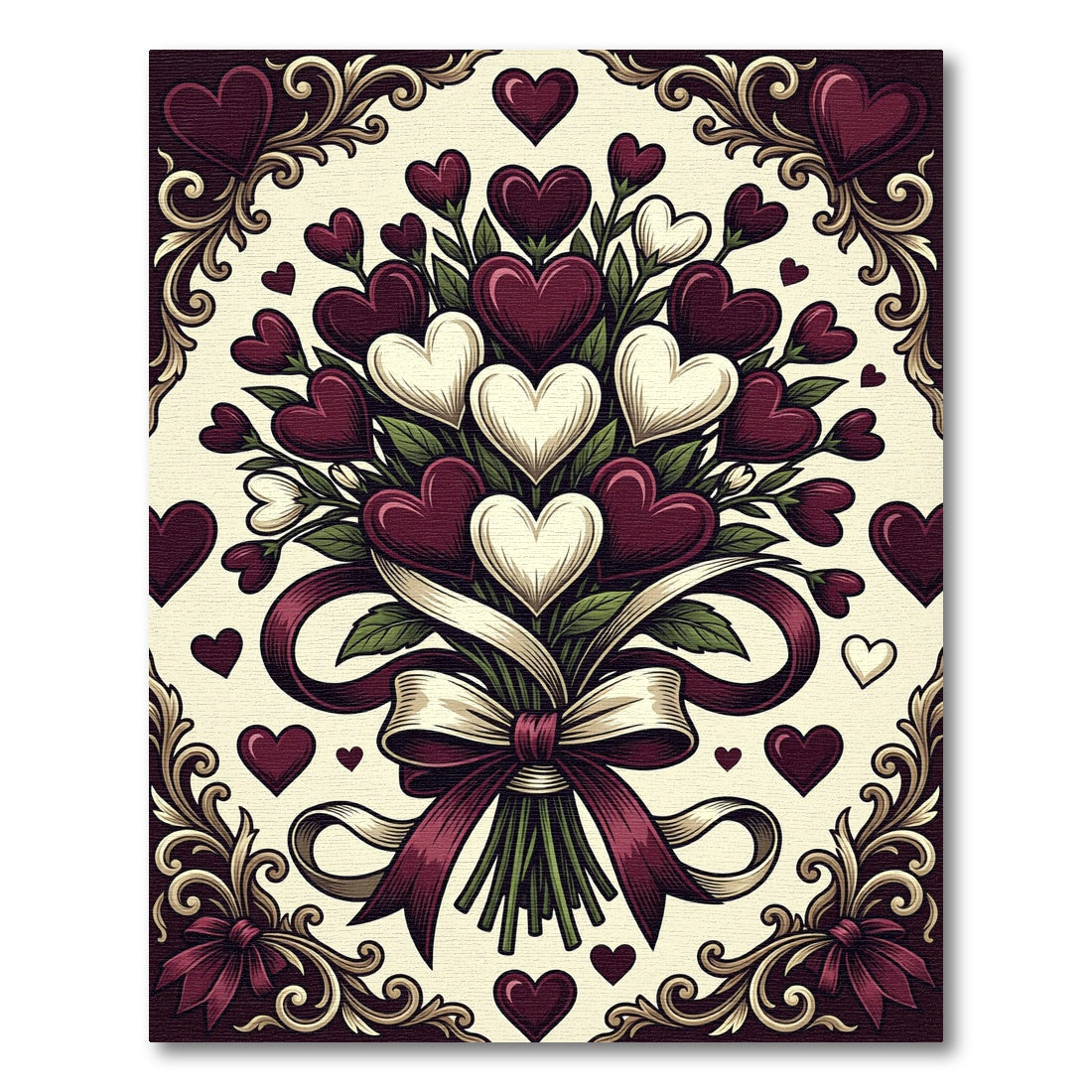 Rich Burgundy White Heart Bouquet Rug