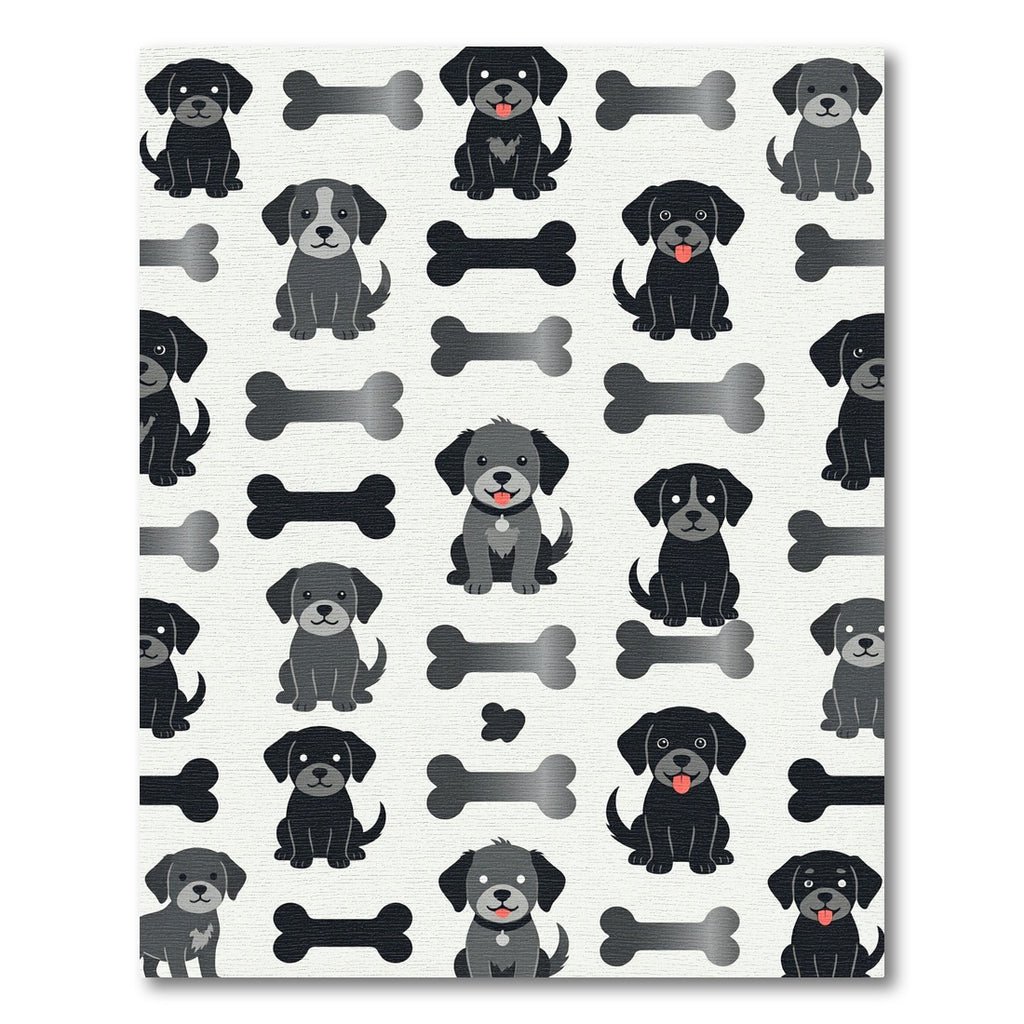 Playful Black Puppy and Bone Illustration Rug