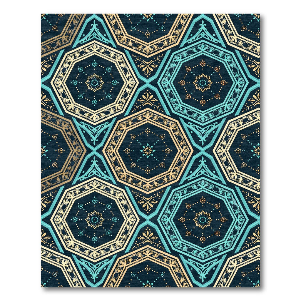 Teal and Gold Geometric Hexagon Rug
