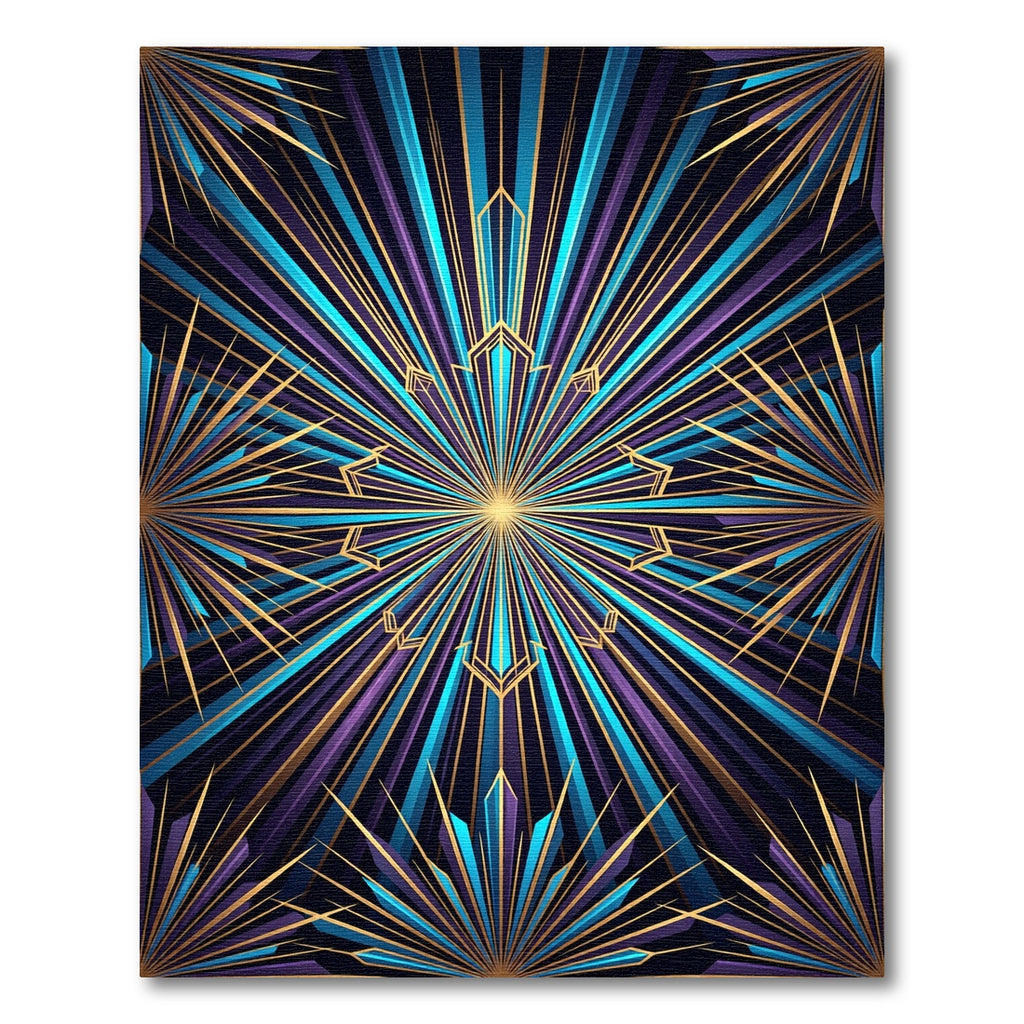 Vibrant Blue Gold Art Deco Starburst Rug