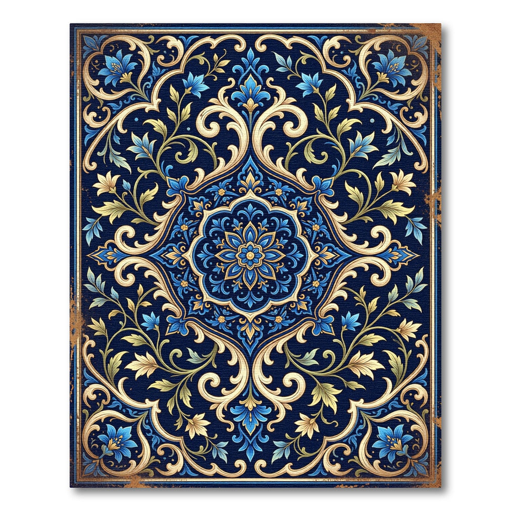 Rich Navy Blue Floral Scroll Medallion Rug