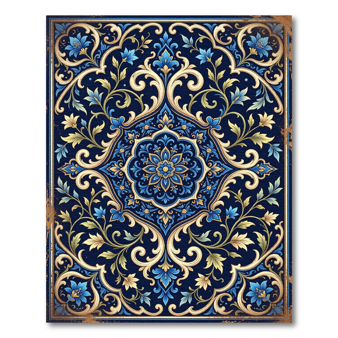 Rich Navy Blue Floral Scroll Medallion Rug