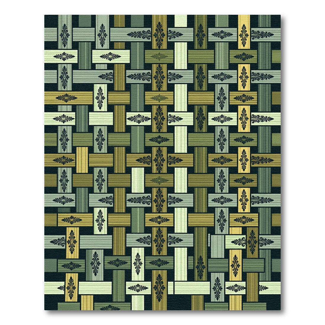 Olive Green Woven Damask Lattice Rug