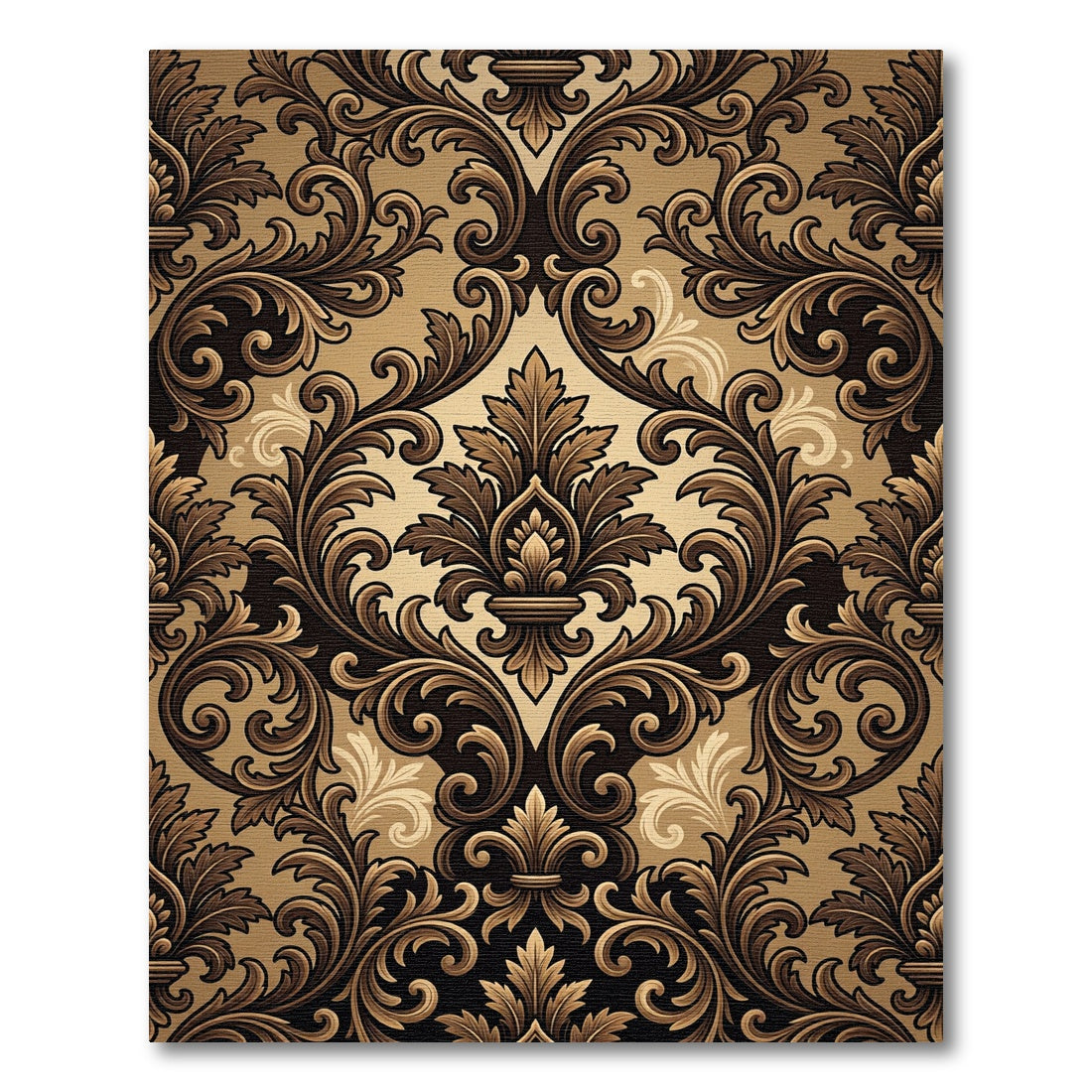 Ornate Brown Golden Damask Swirls Rug