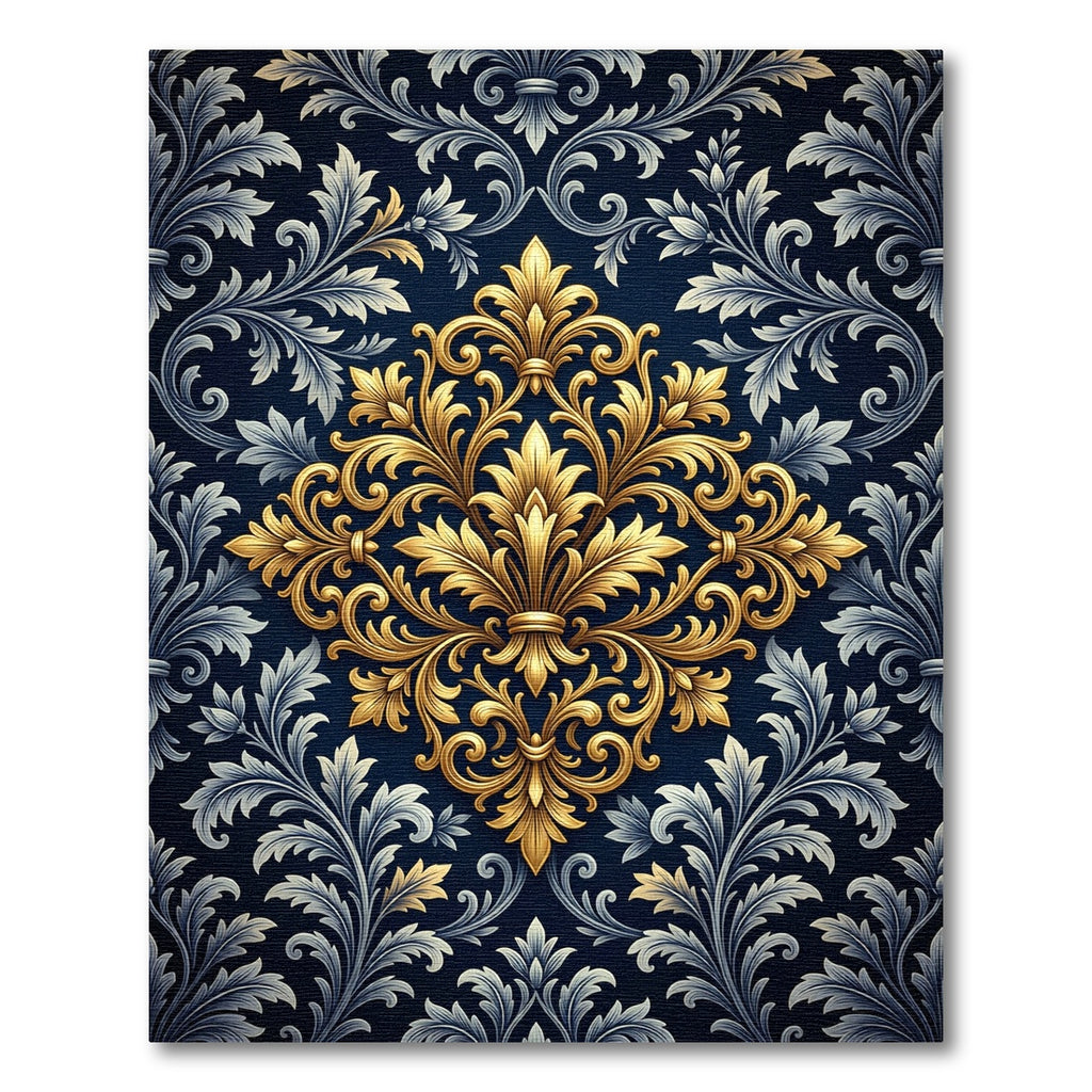 Elegant Gold Filigree Navy Damask Rug