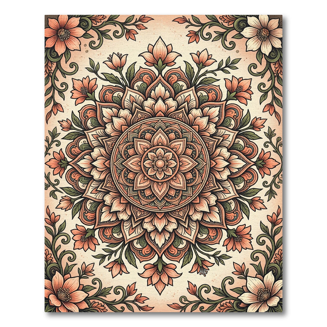 Elegant Peach Floral Medallion Illustration Rug