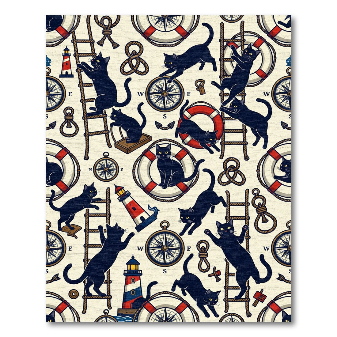Nautical Black Cats Lighthouse Compass Rope Rug
