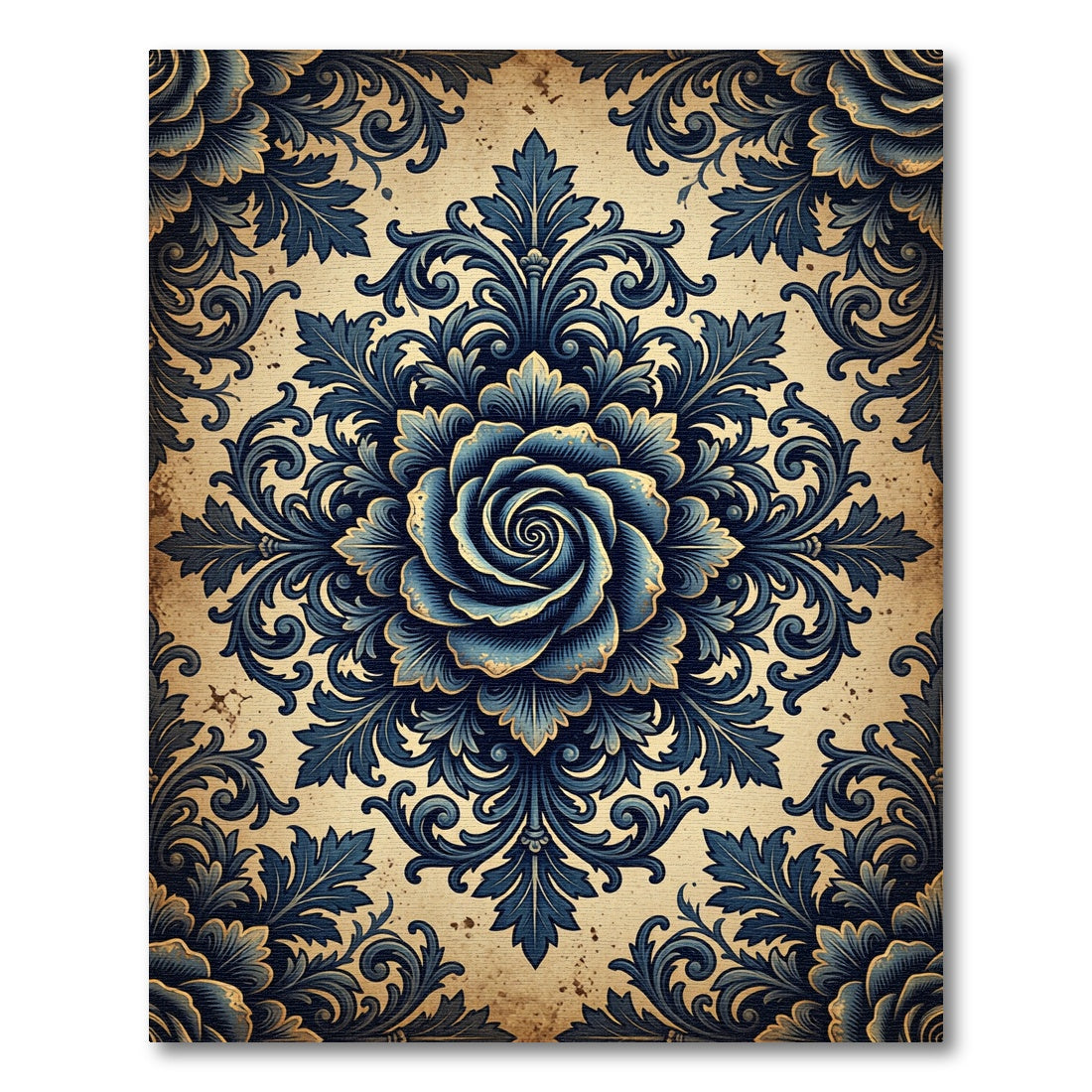 Ornate Navy Rose Damask Medallion Rug