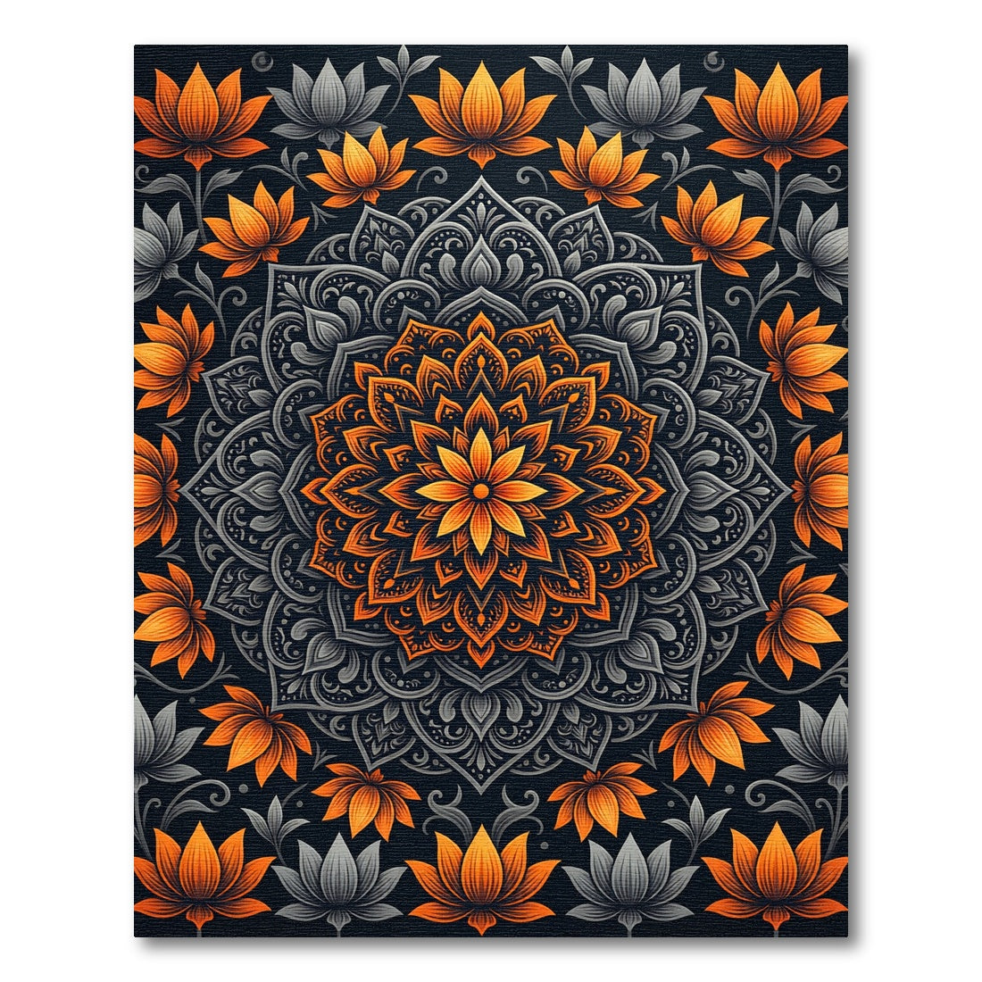 Golden Lotus Mandala and Dark Gray Flourish Rug
