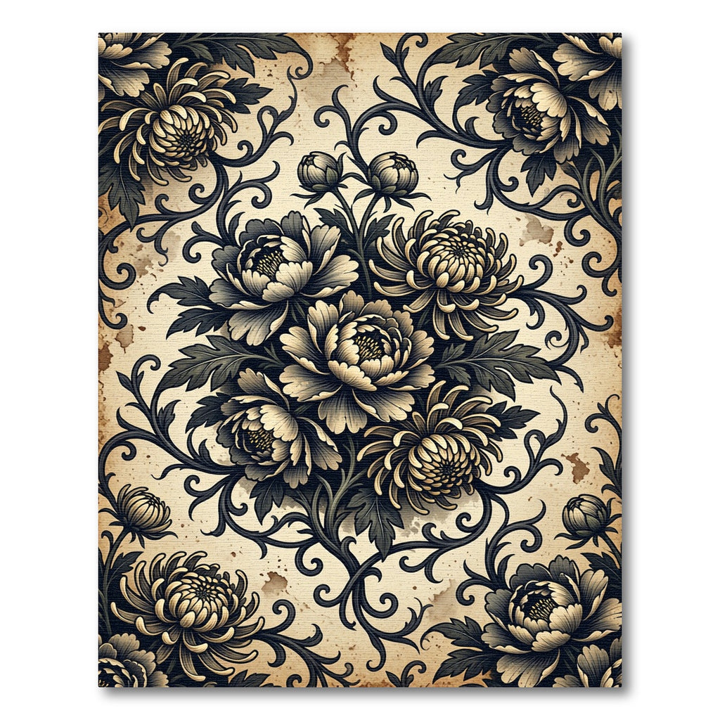 Antique Beige Floral Chrysanthemum Scroll Rug