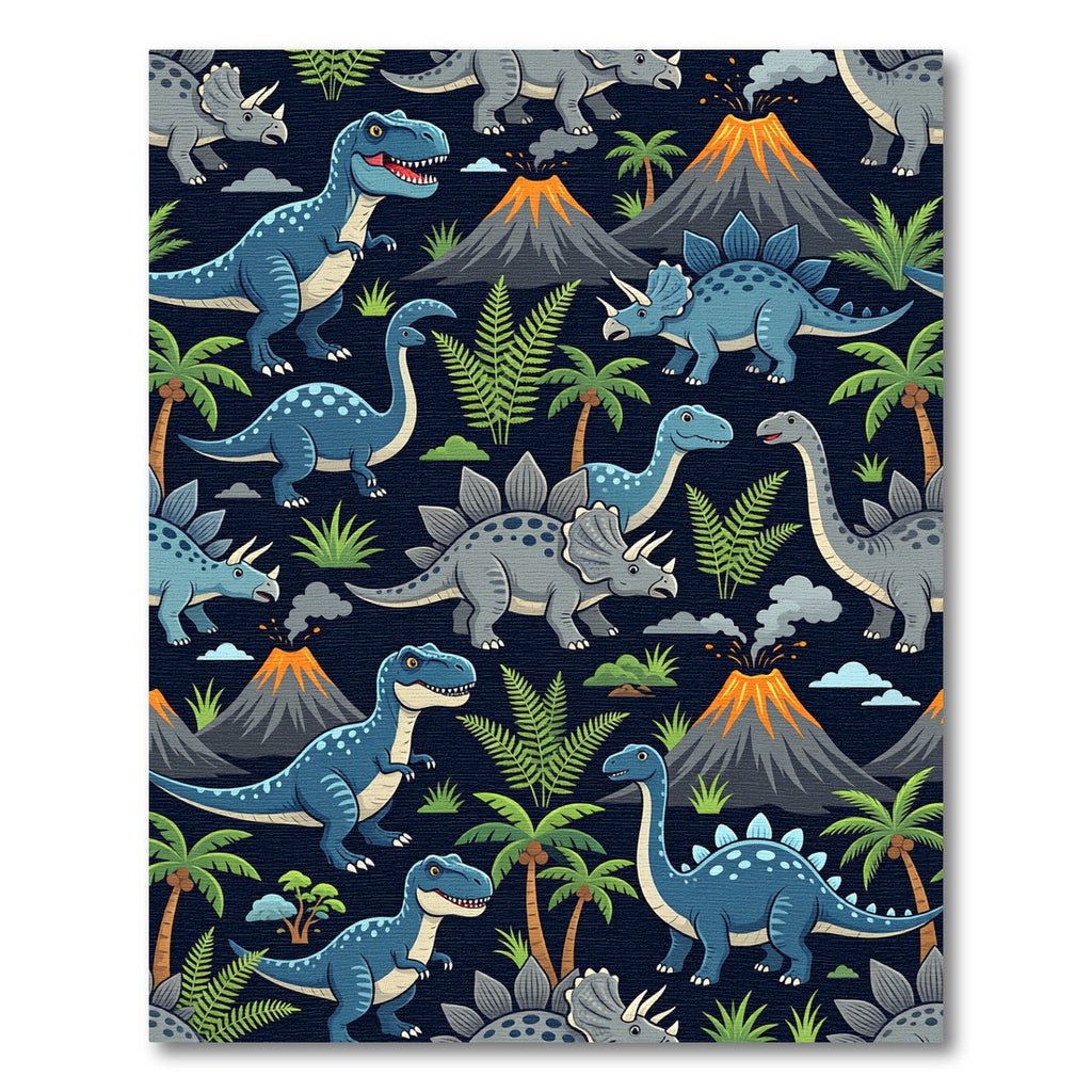Playful Blue Dinosaur Volcano Tropical Landscape Rug