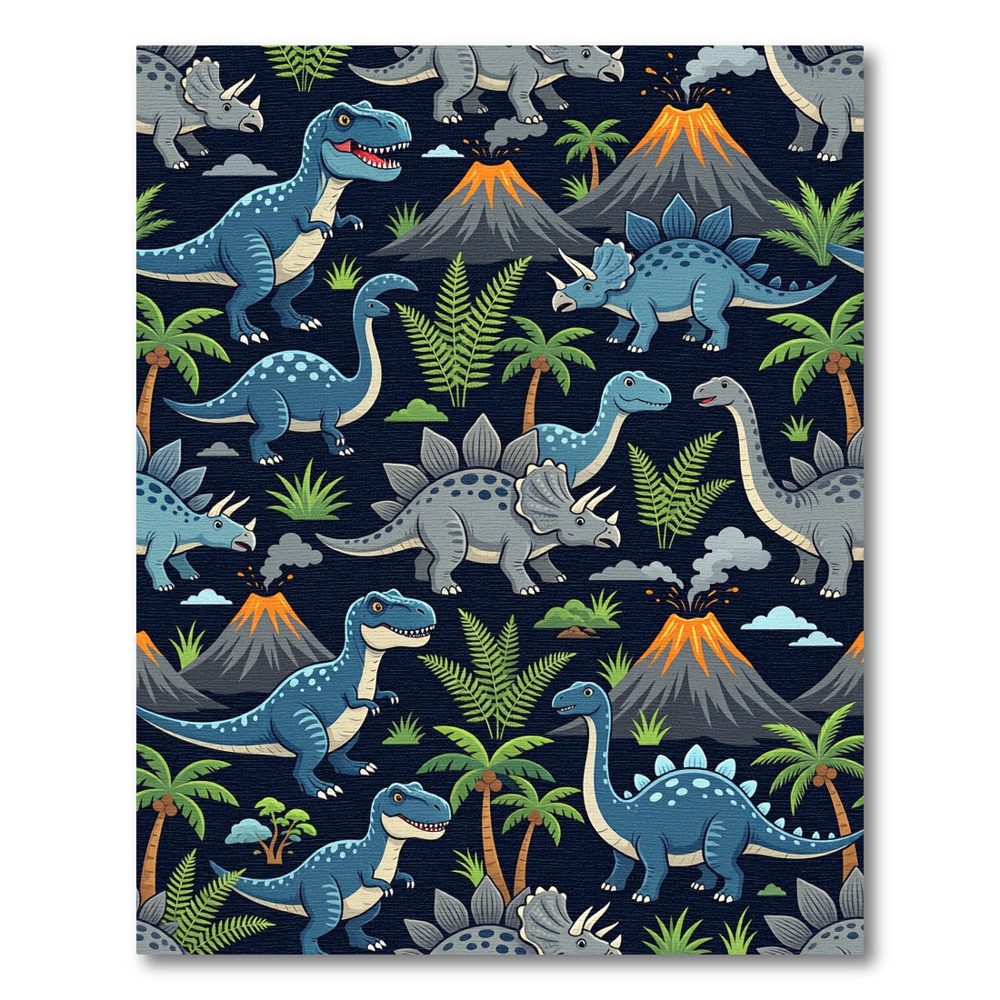 Playful Blue Dinosaur Volcano Tropical Landscape Rug