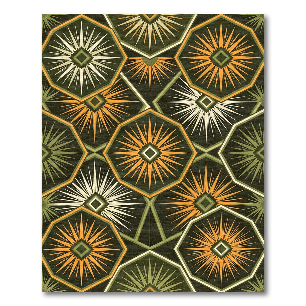 Geometric Sunburst Hexagonal Olive Rug