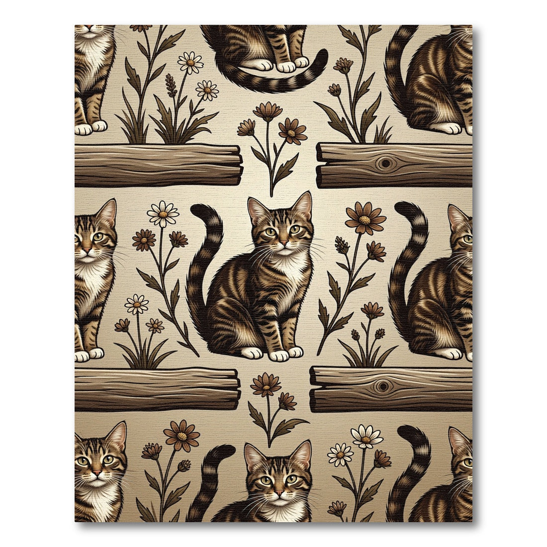 Tabby Cat Floral Brown Wood Rug