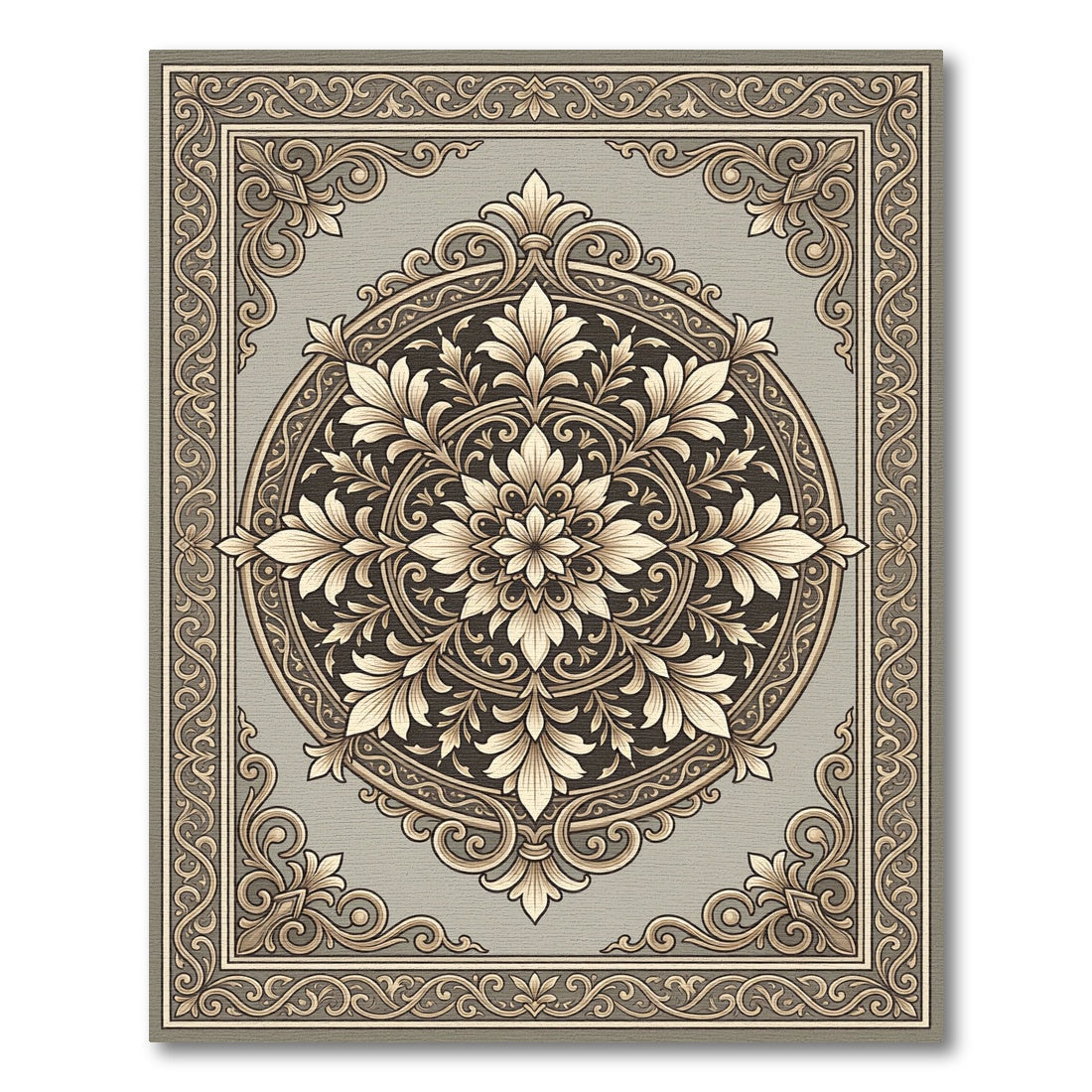 Ornate Tan Floral Medallion Border Rug