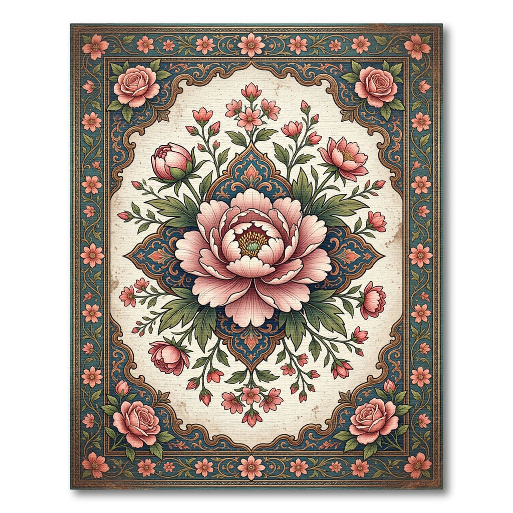 Vintage Pink Floral Medallion Border Rug