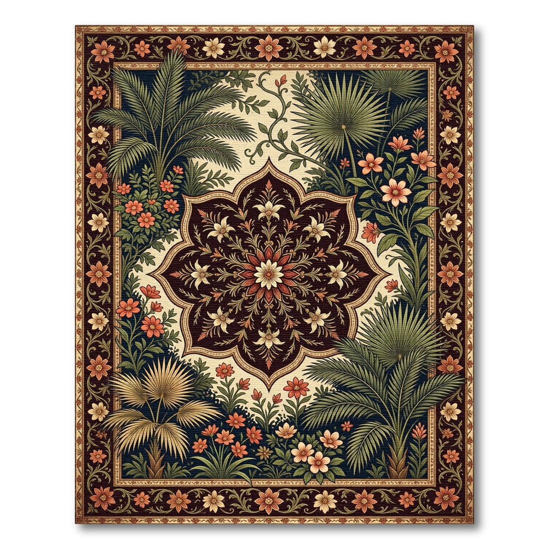 Tropical Botanical Medallion Deep Earthy Accent Rug