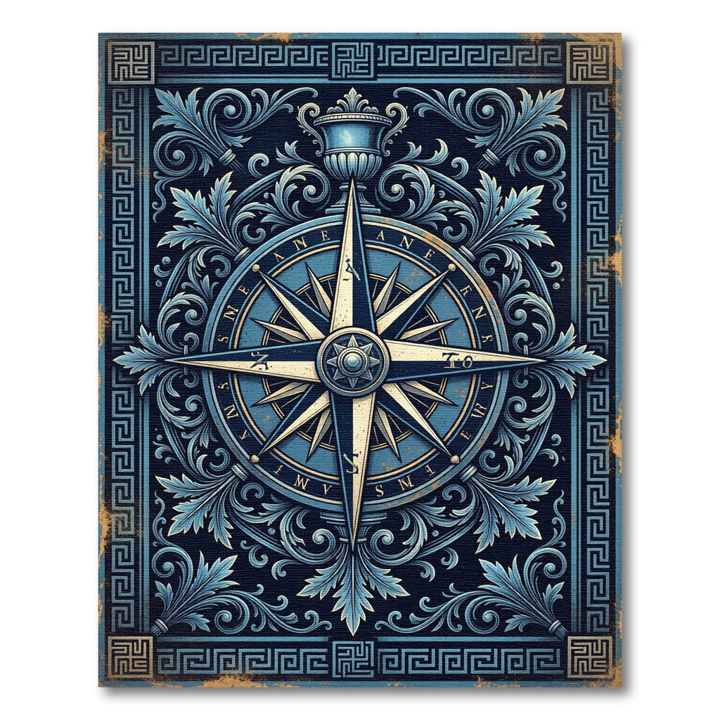 Ornate Navy Compass Rose Filigree Rug