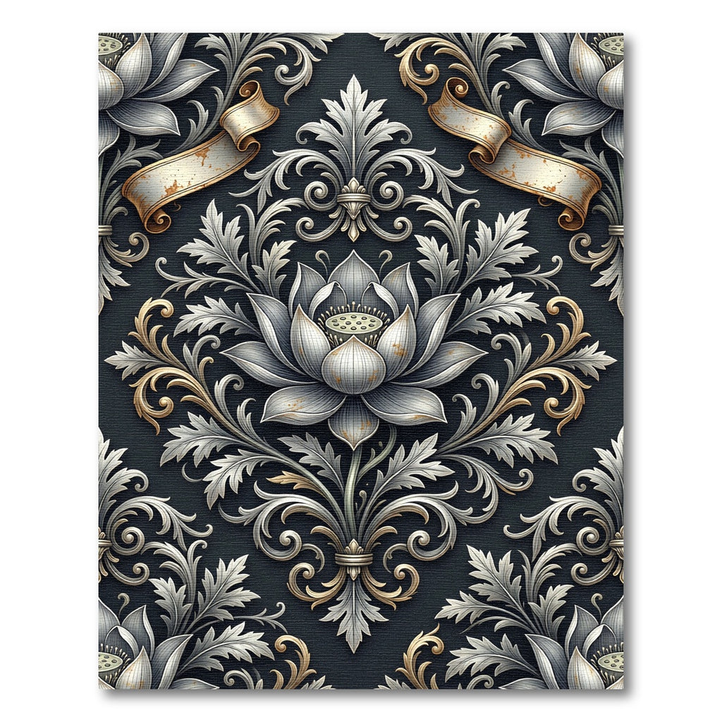 Elegant Silver Lotus Damask Scrollwork Rug