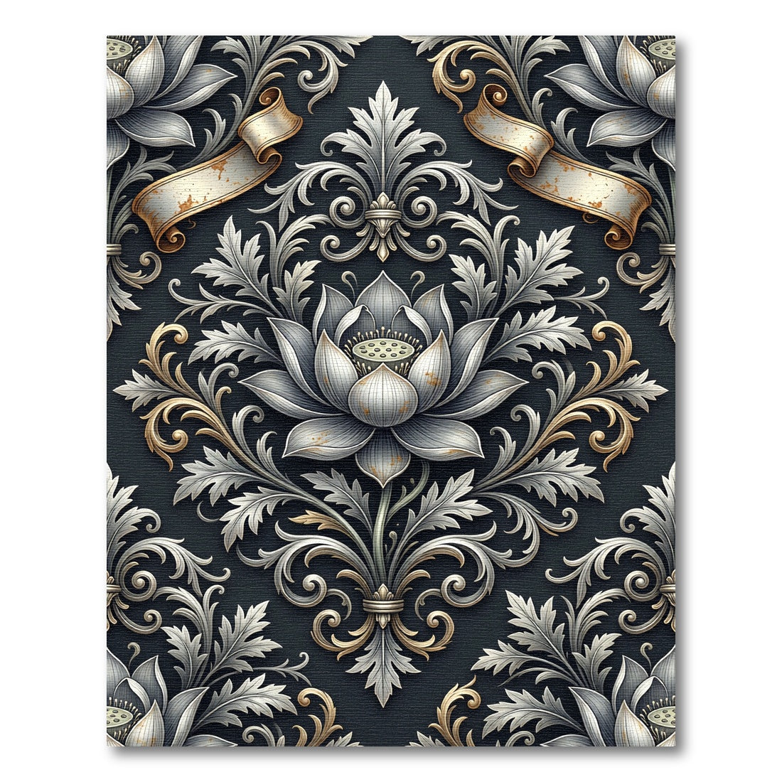 Elegant Silver Lotus Damask Scrollwork Rug