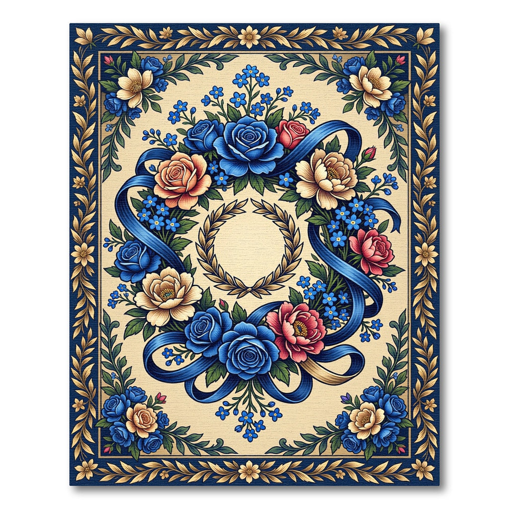 Navy Blue Floral Wreath Ribbon Rug