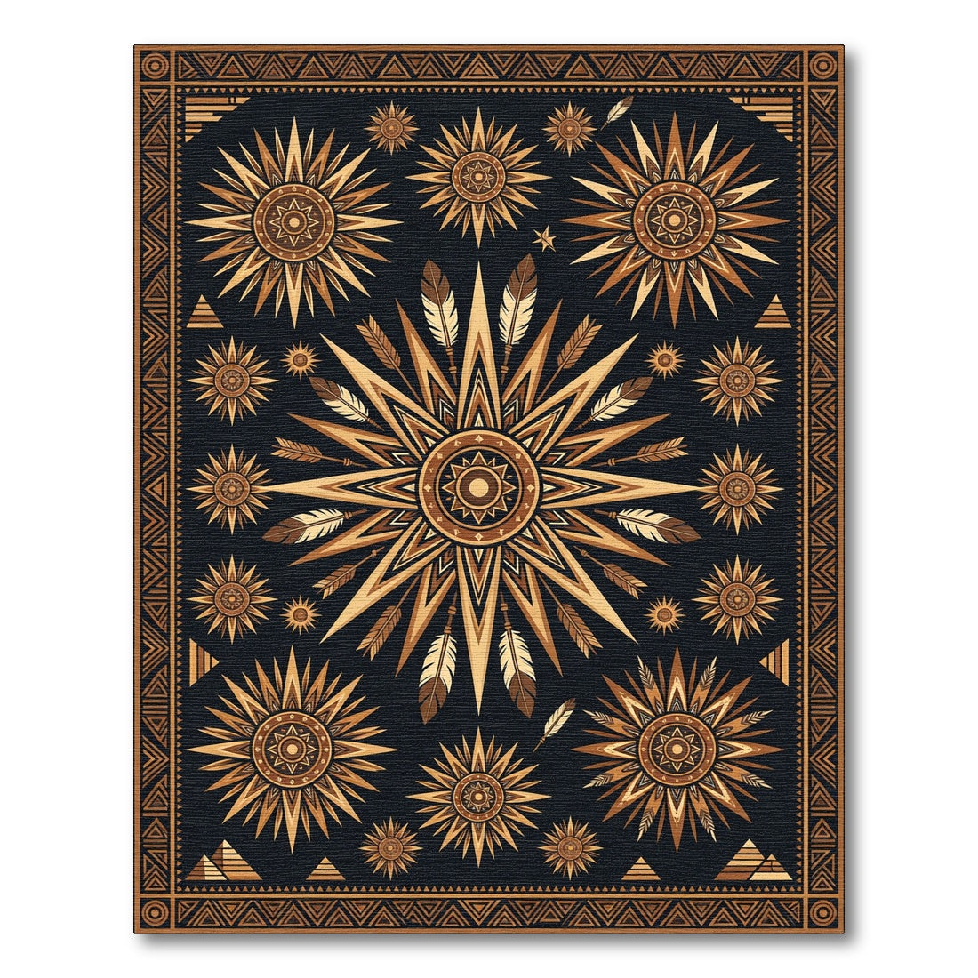 Golden Sun Feather Tribal Medallion Rug
