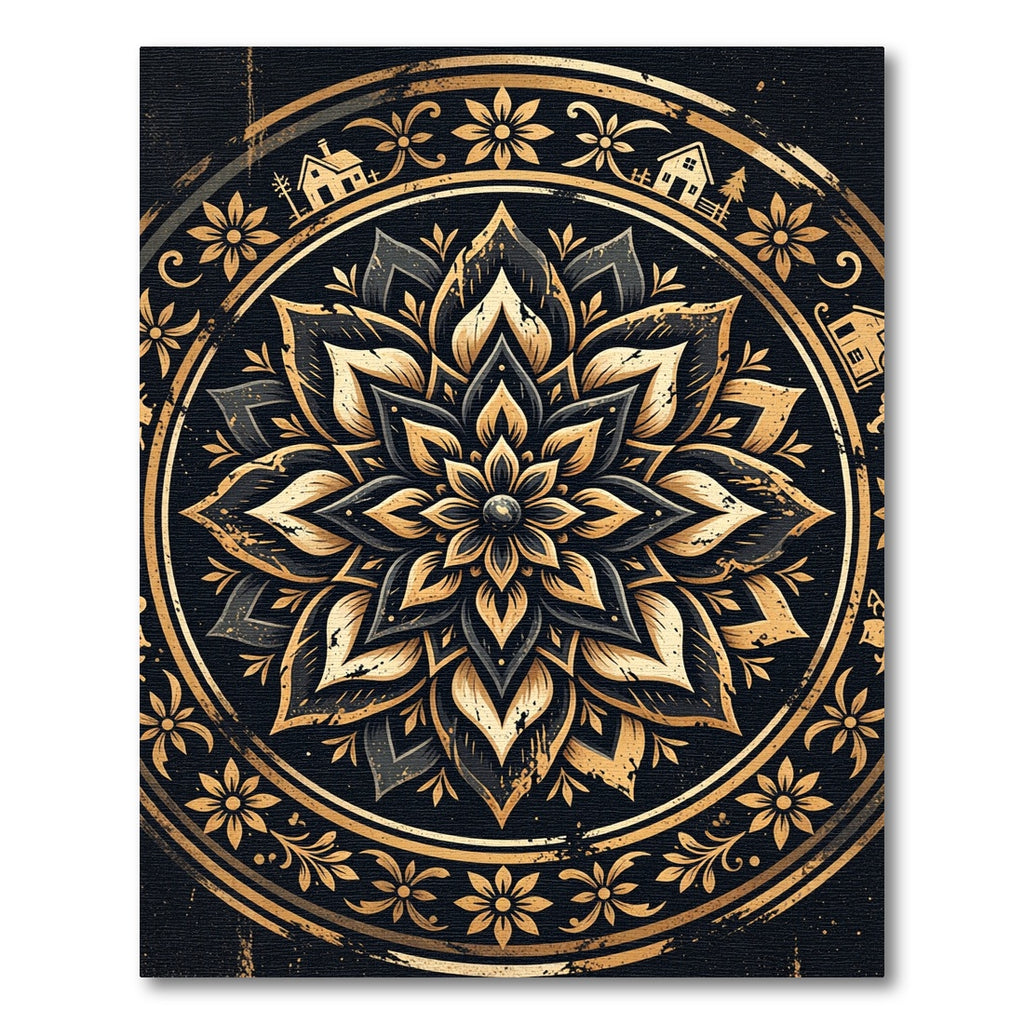 Black and Gold Celestial Floral Mandala Rug