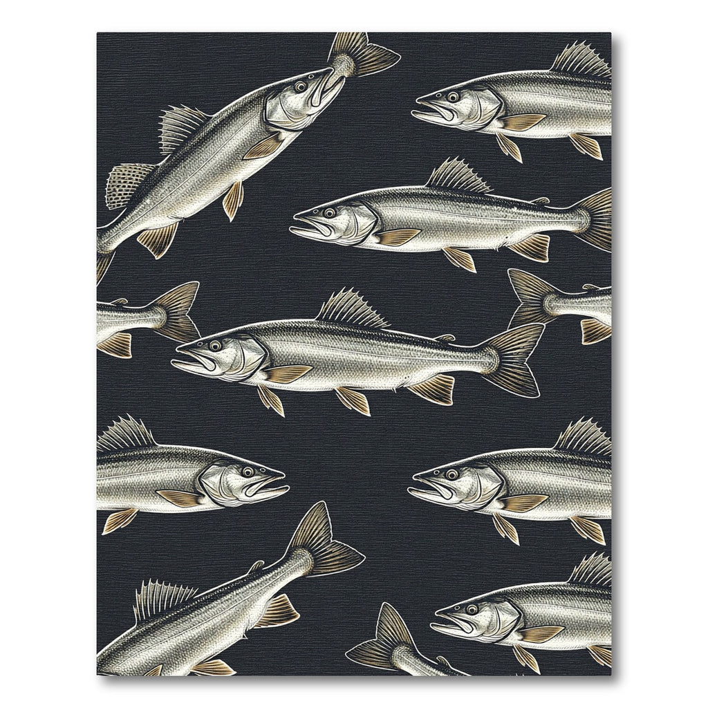 Dark Charcoal Monochrome Fish Illustration Rug