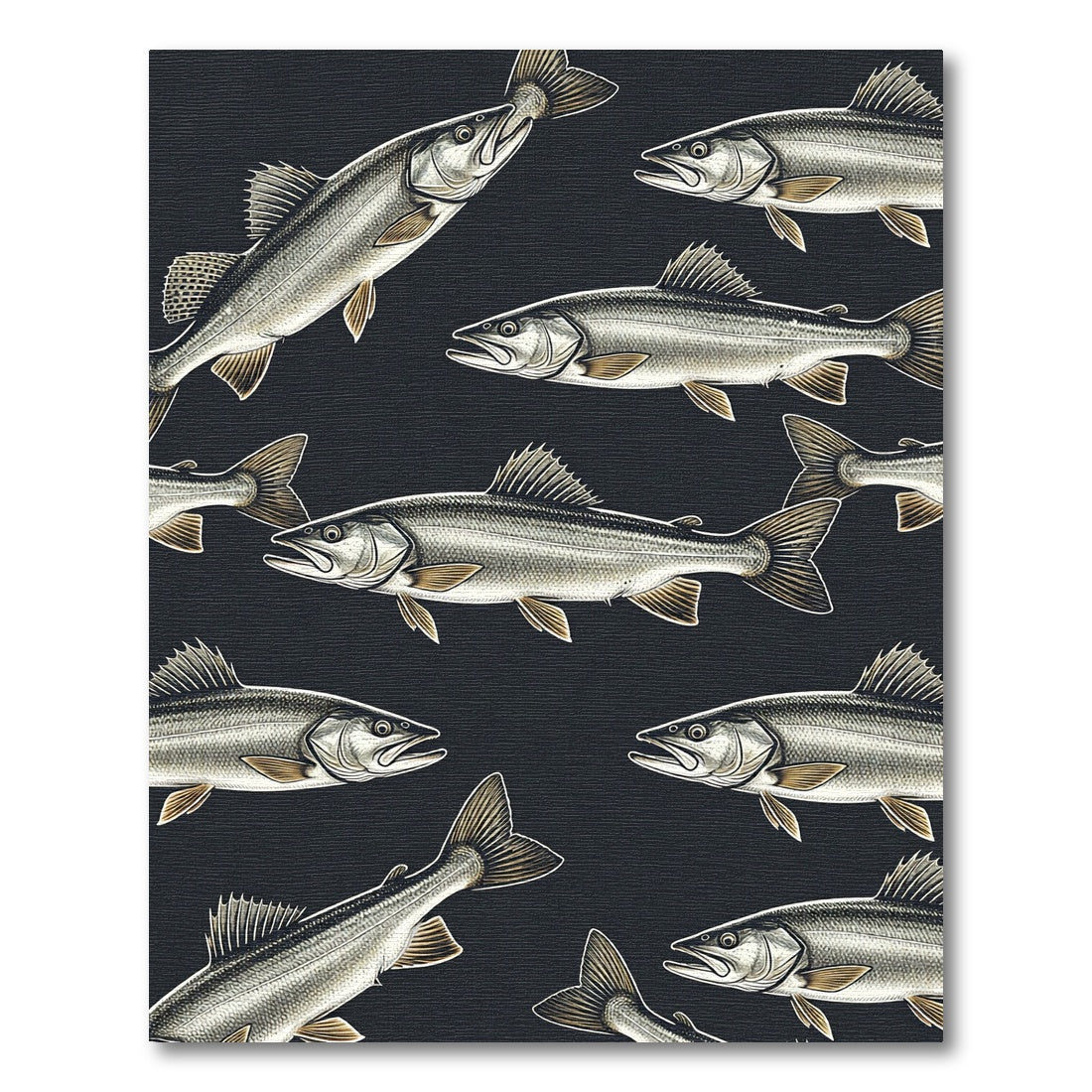 Dark Charcoal Monochrome Fish Illustration Rug