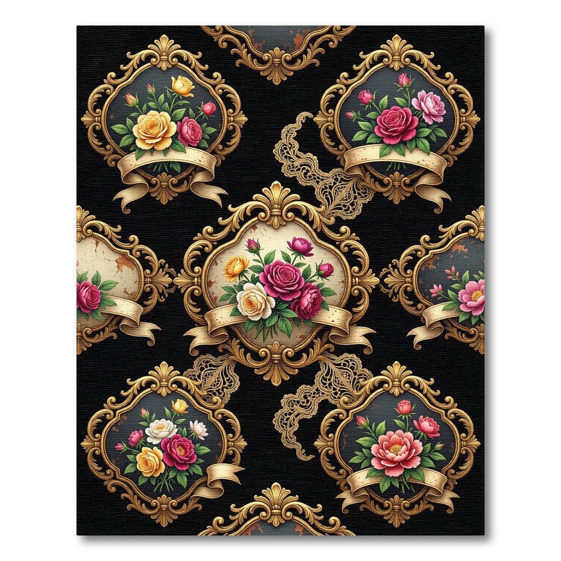 Victorian Golden Frame Floral Rose Bouquet Rug