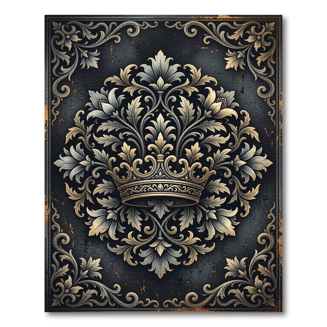 Ornate Royal Crown Gold Floral Medallion Rug