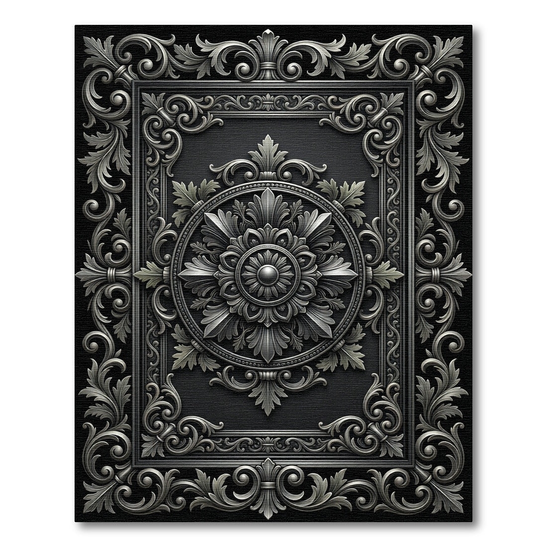 Ornate Silver Floral Rectangle Medallion Rug