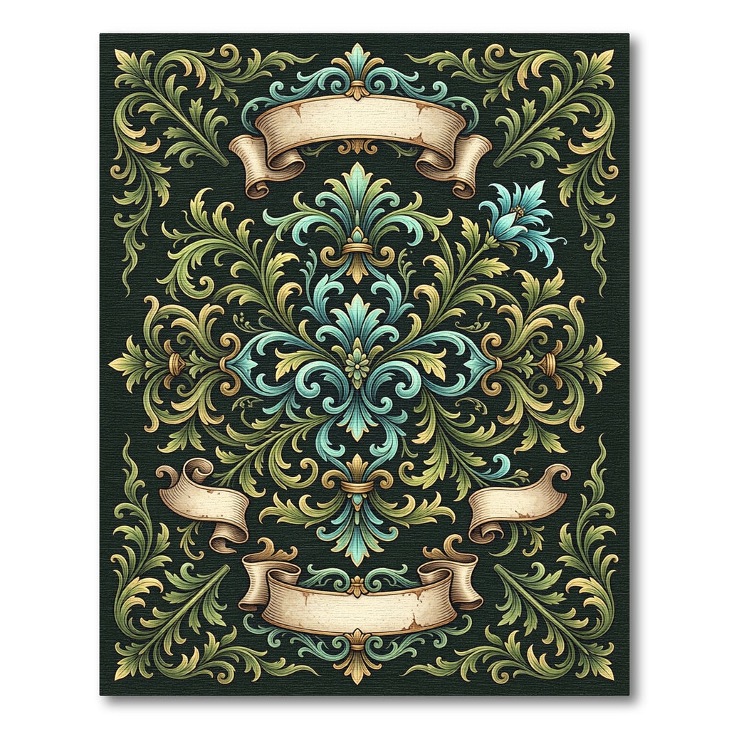 Ornate Teal and Golden Baroque Scroll Rug