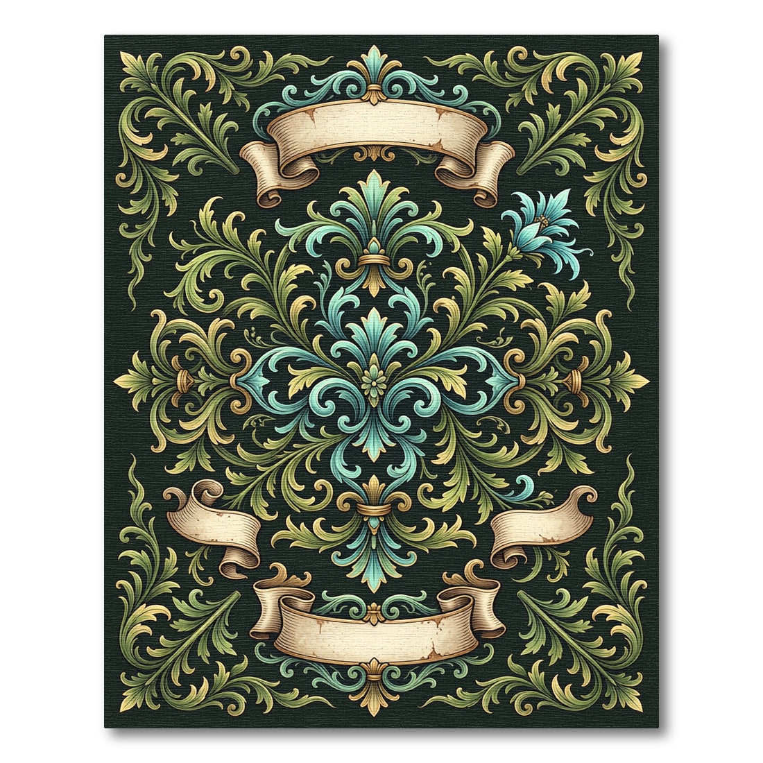 Ornate Teal and Golden Baroque Scroll Rug