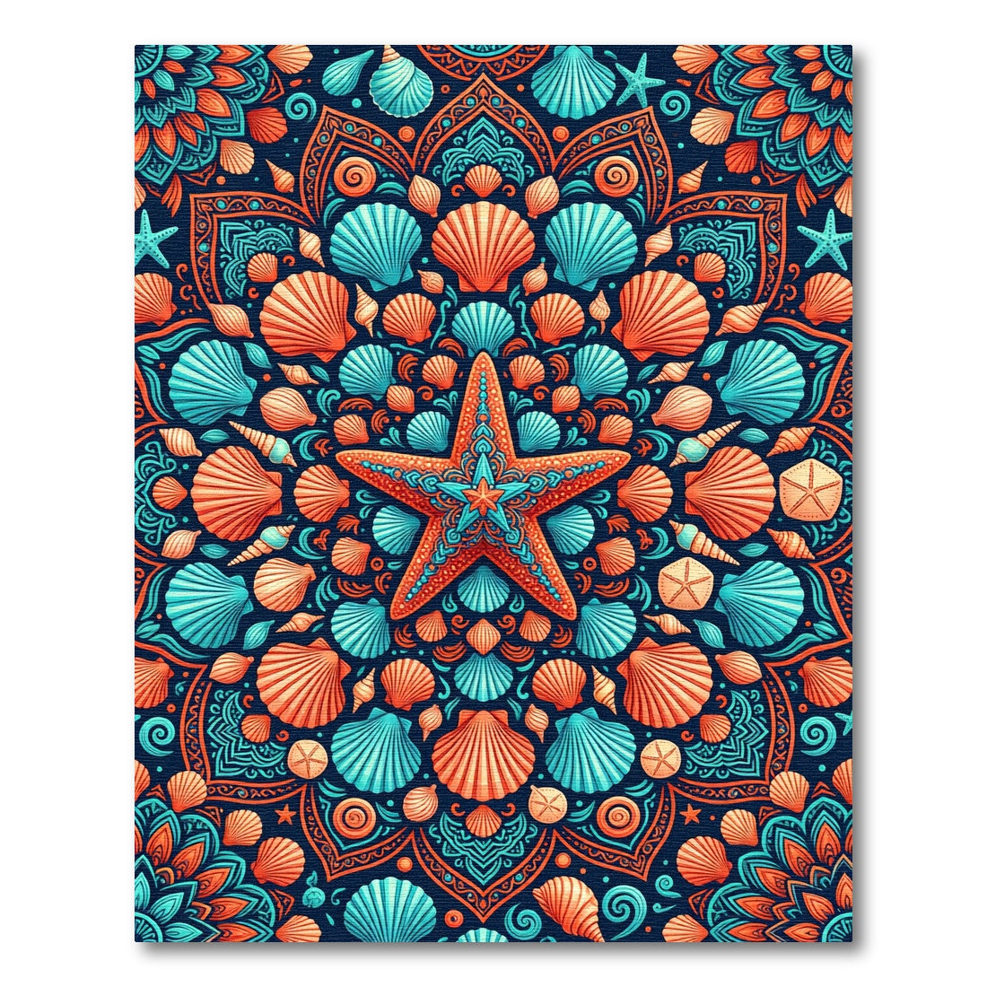 Vibrant Coral Blue Starfish Seashell Mandala Rug