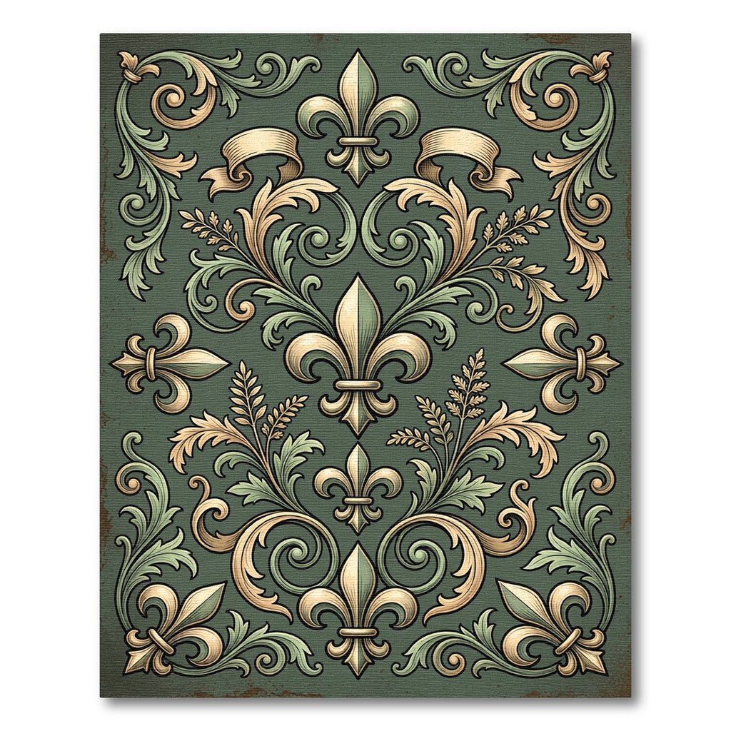 Elegant Sage Fleur de Lis Scrollwork Rug