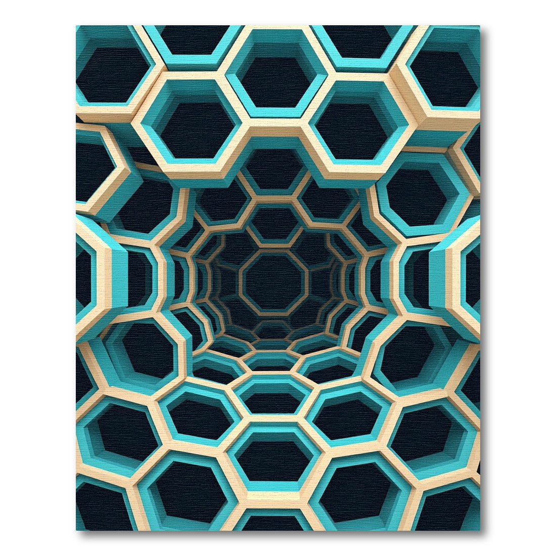 Geometric Cyan Hexagonal Tunnel Abyss Rug