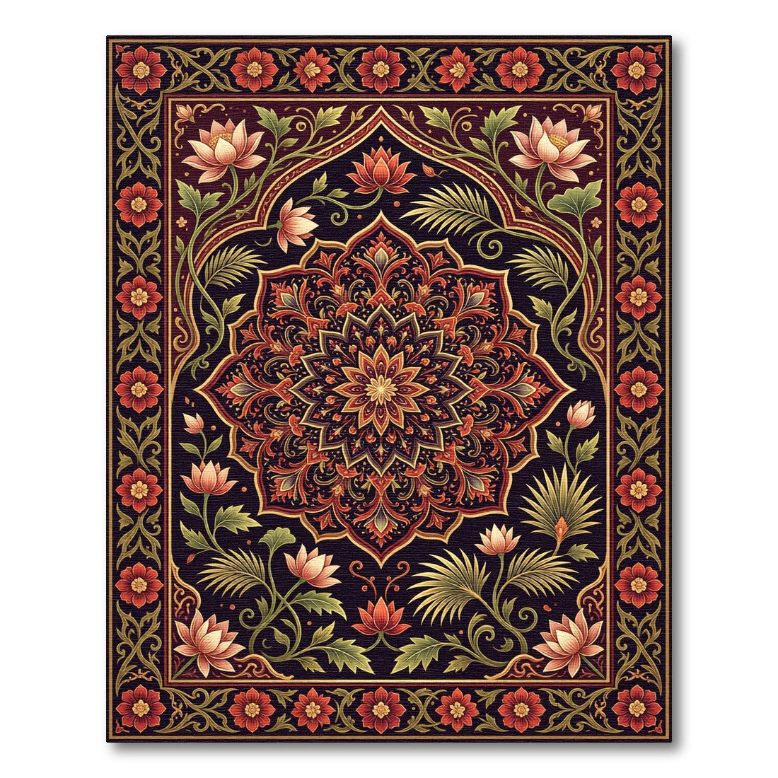 Ornate Crimson Lotus Mandala Frame Rug