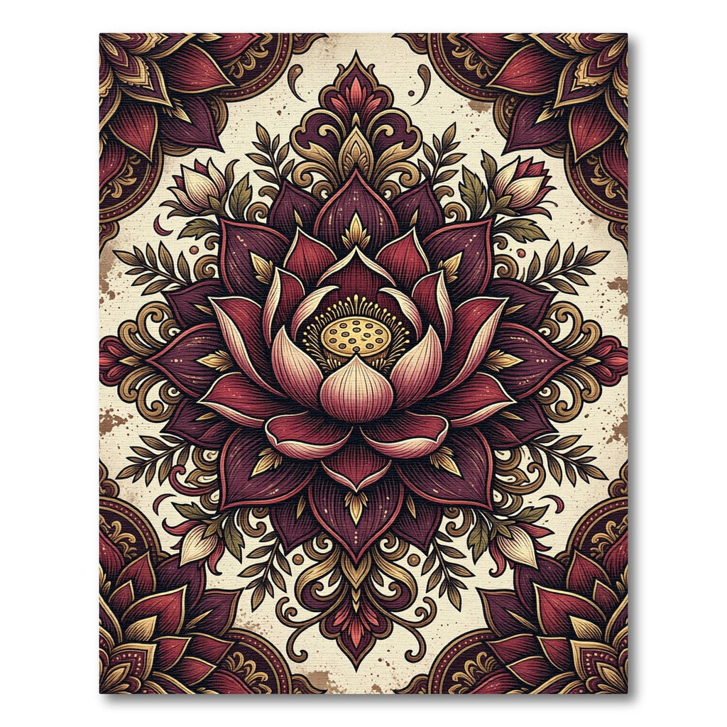 Rich Burgundy Lotus Mandala Overlay Rug