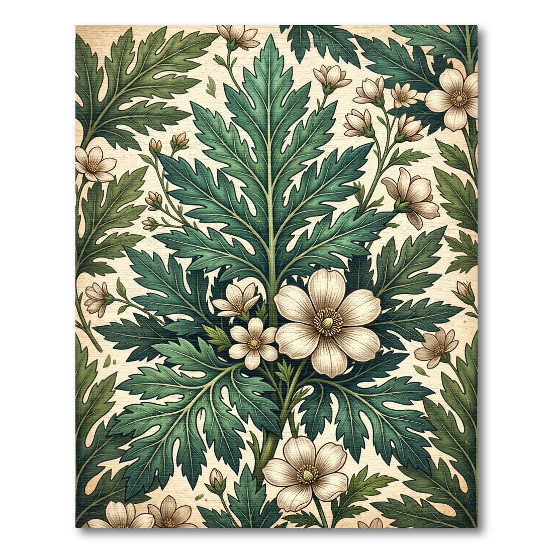 Vintage Sage Leaf and White Blossom Rug