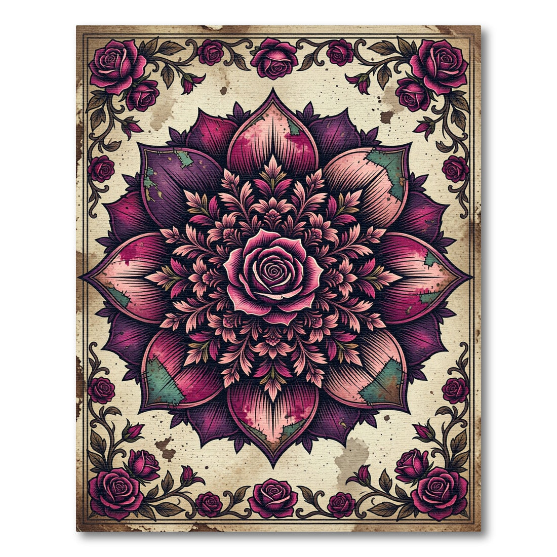 Gothic Magenta Rose Mandala Art Rug